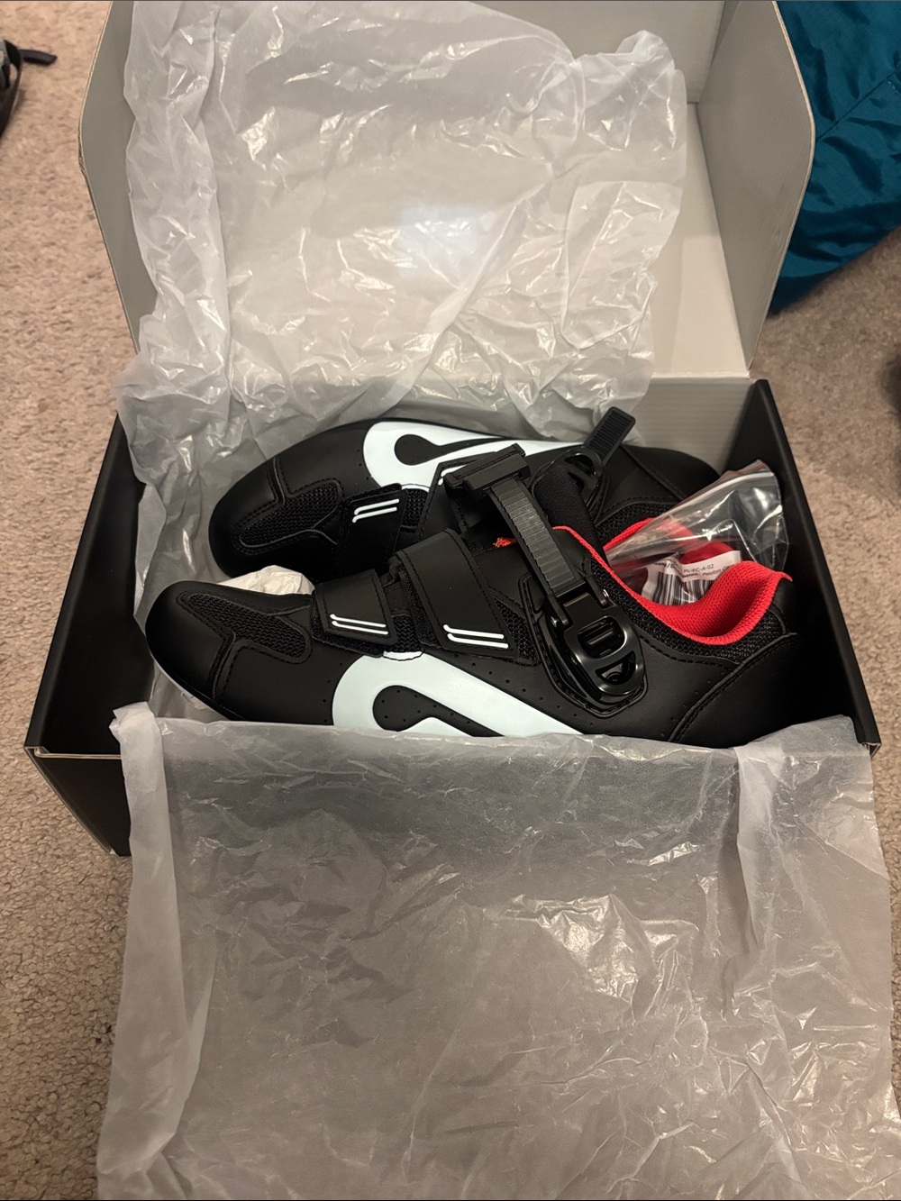 Peloton Black and White Women's Athletic Cycling Shoes with Red Lining
